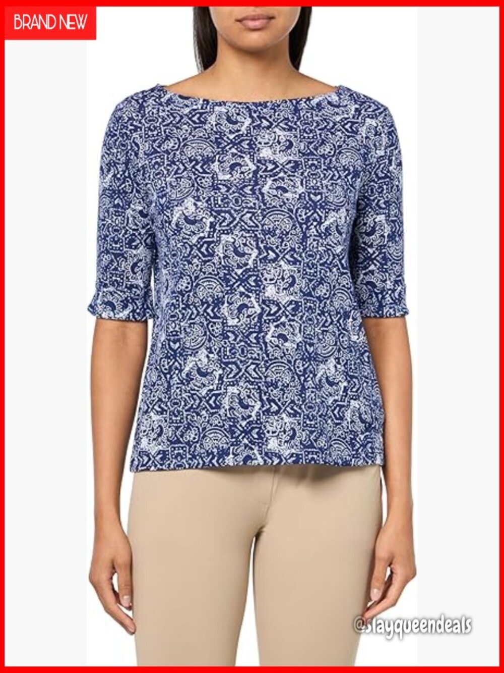 Medium Boat Neck Knit Tee with Elbow Sleeves, Classic Fit Cotton Blend
